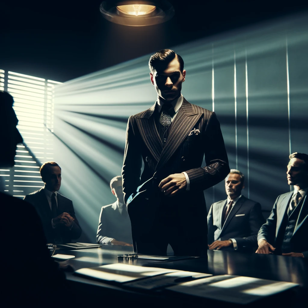 DALL·E 2024-04-09 17.01.47 – A business negotiation scene depicted in a film noir style, set in a dimly lit, stylish conference room. The procurement person is portrayed with shar