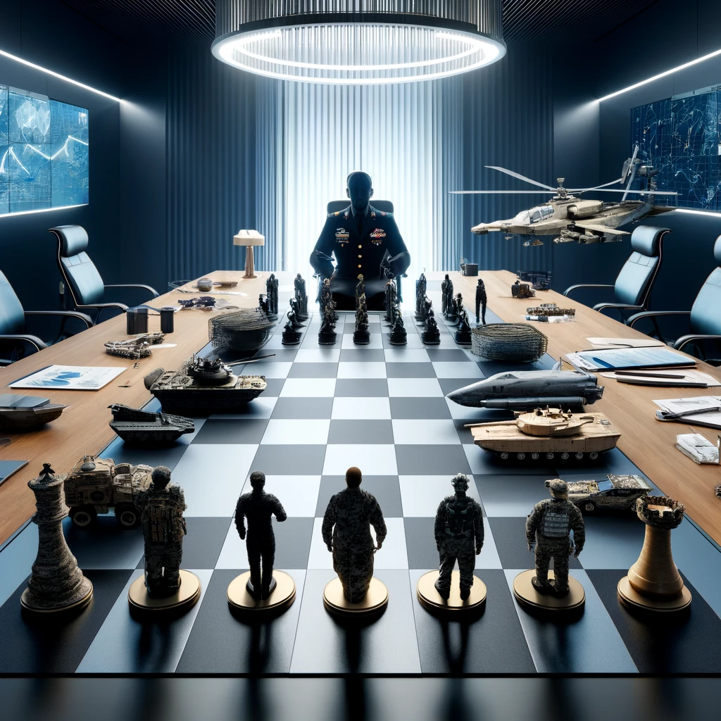 DALL·E 2024-04-09 17.05.01 – A detailed view of a modern conference room designed as a chessboard, with the procurement person represented by a military general as a central piece